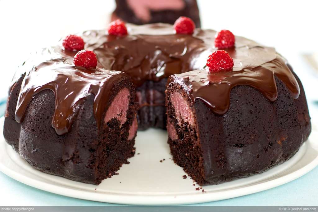 Chocolate Fudge Bundt Cake with Raspberry-Cream Cheese Filling and Chocolate Ganache recipe