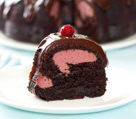 Chocolate Fudge Bundt Cake with Raspberry-Cream Cheese Filling and Chocolate Ganache