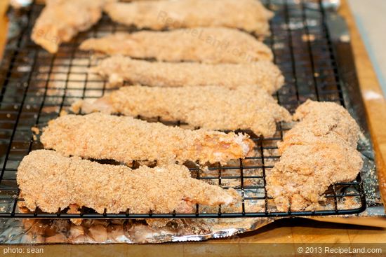 Once all the chicken strips are dipped and coated. 