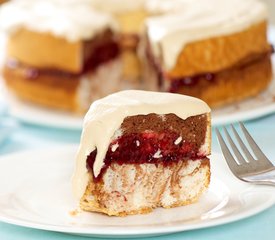 Chocolate Marbled Angel Food Cake with Coffee Cream and Raspberry Jam