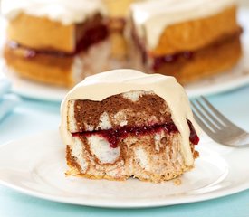 Chocolate Marbled Angel Food Cake with Coffee Cream and Raspberry Jam