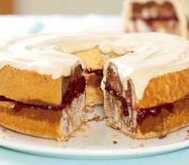 Chocolate Marbled Angel Food Cake with Coffee Cream and Raspberry Jam