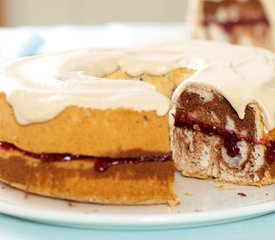 Chocolate Marbled Angel Food Cake with Coffee Cream and Raspberry Jam