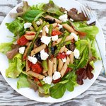 Roasted Asparagus, Cherry Tomatoes with Arugula, Penne and Goat Cheese Salad 