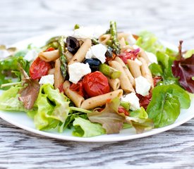 Roasted Asparagus, Cherry Tomatoes with Arugula, Penne and Goat Cheese Salad 