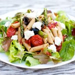 Roasted Asparagus, Cherry Tomatoes with Arugula, Penne and Goat Cheese Salad 