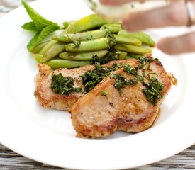 Pork Chops and Sugar Snap Peas with Mint Julep Glaze