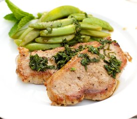 Pork Chops and Sugar Snap Peas with Mint Julep Glaze