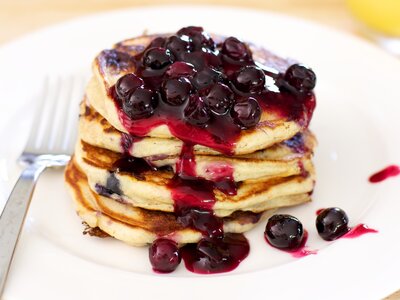 Whole Wheat Blueberry Yogurt Pancakes with Blueberry Sauce