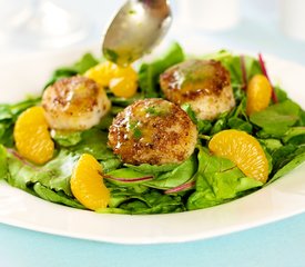 Coriander Spiced Scallops with Orange Ginger Dressing and Greens