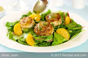 Coriander Spiced Scallops with Orange Ginger Dressing and Greens