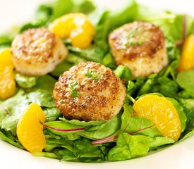 Coriander Spiced Scallops with Orange Ginger Dressing and Greens