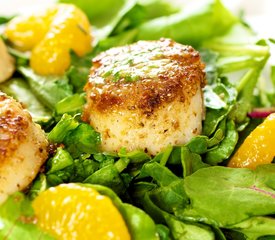 Coriander Spiced Scallops with Orange Ginger Dressing and Greens