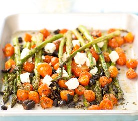 Roasted Asparagus with Cherry Tomatoes, Olives and Feta 