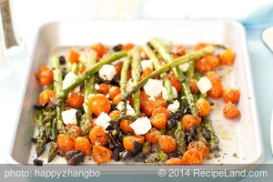 Roasted Asparagus with Cherry Tomatoes, Olives and Feta 