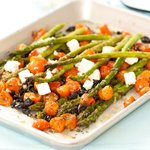 Roasted Asparagus with Cherry Tomatoes, Olives and Feta 