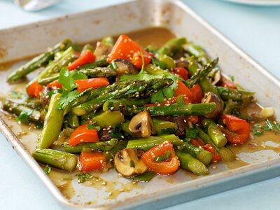 Garlic, Ginger and Soy Roasted Asparagus, Mushroom and Sweet Bell Pepper