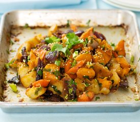 Garlic, Ginger and Soy Roasted Potato, Sweet Potato and Red Onion