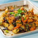 Garlic, Ginger and Soy Roasted Potato, Sweet Potato and Red Onion