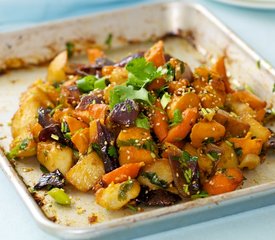 Garlic, Ginger and Soy Roasted Potato, Sweet Potato and Red Onion