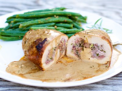 Chicken Breasts Stuffed with Garlic, Ginger, Ham and Tarragon