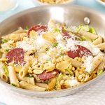 Brussels Sprouts and Salami Pasta with Pine Nuts