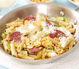 Brussels Sprouts and Salami Pasta with Pine Nuts