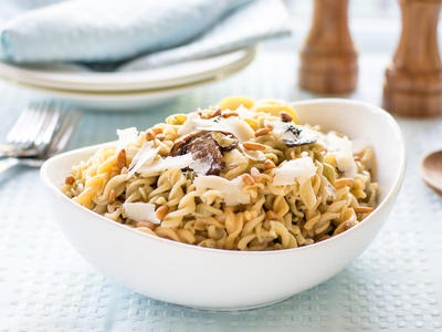 Roasted Mushrooms, Garlic and Pine Nuts with Pasta