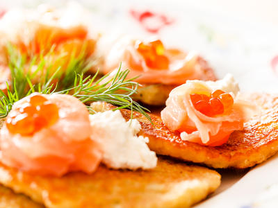 Chive Potato Pancakes with Smoked Salmon & Golden Caviar