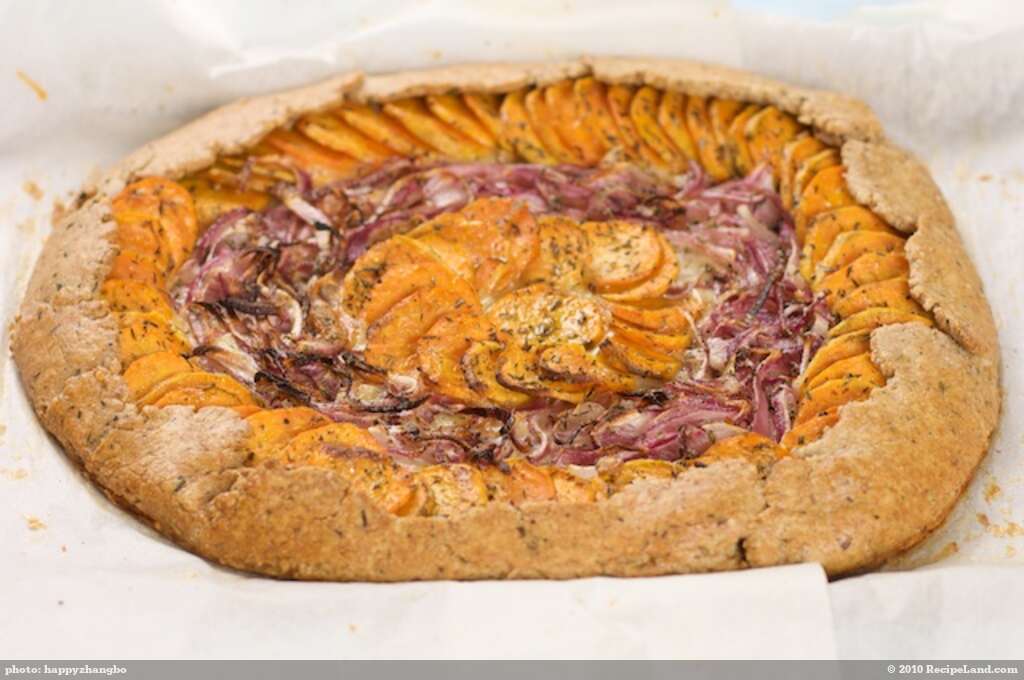 Cheesy Sweet Potato and Red Onion Tart recipe