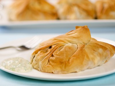 Phyllo Purses with Roasted Squash, Peppers, and Artichokes