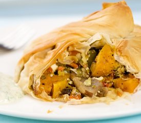 Phyllo Purses with Roasted Squash, Peppers, and Artichokes