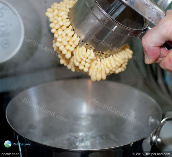 Press the dough through a spatzel machine, colander or potato ricer to form noodles
