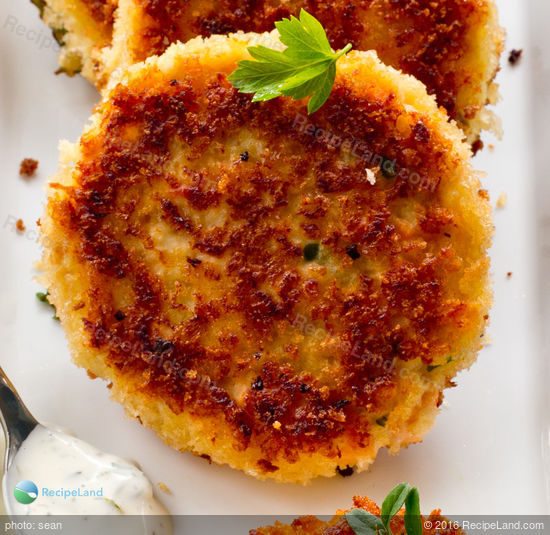 Close-up of a crispy salmon cake