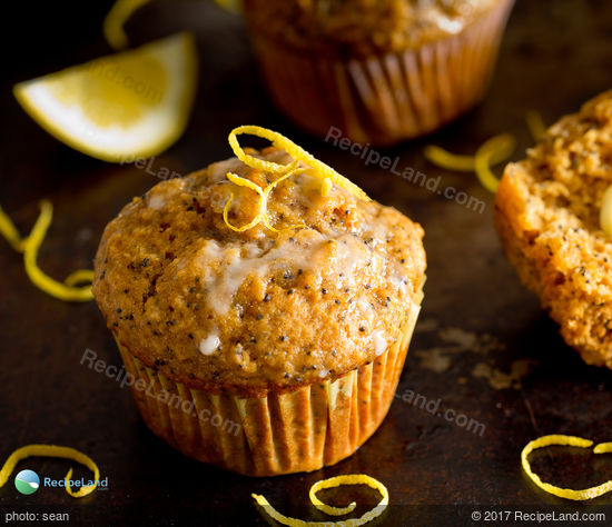 Lemon poppyseed muffins with glaze close-up