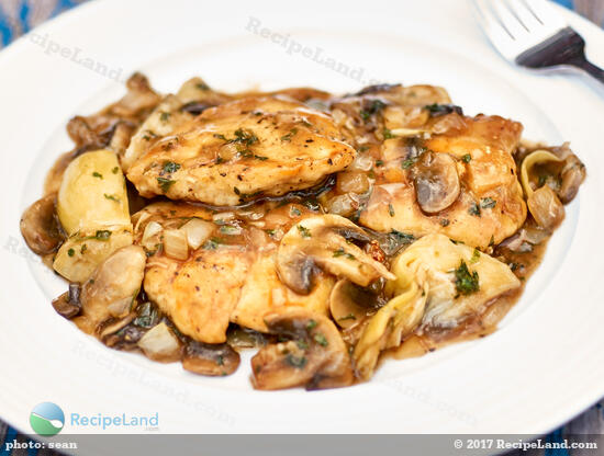 Chicken Angelo recipe close-up of finished dish on a plate on the deck