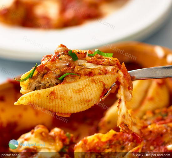 Close-up of a beef stuffed pasta shell