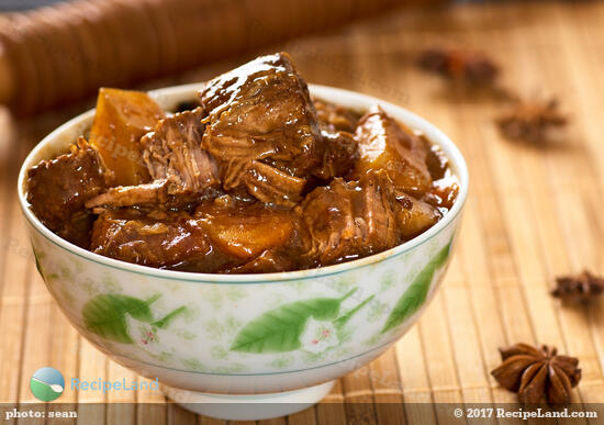 Chunks of beef slowly braised in an authentic Chinese manner. Nearly any tough cut of beef can be made magically tender and flavorful with this technique.