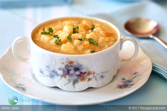 Close-up of slow cooker potato soup