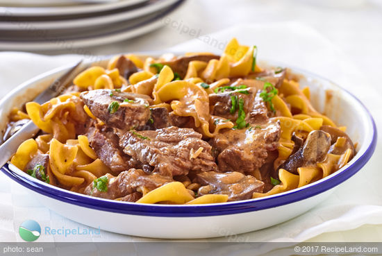 Tender beef steak strips, mushrooms with egg noodles in a tangy sauce. 