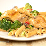 Quick and easy chicken mushroom pasta and vegetable dinner. One pan, no fuss, forgiving and adaptable family favorite.