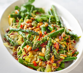 Sauteed Asparagus, Leeks with Pancetta and Pine Nuts