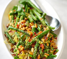 Sauteed Asparagus, Leeks with Pancetta and Pine Nuts