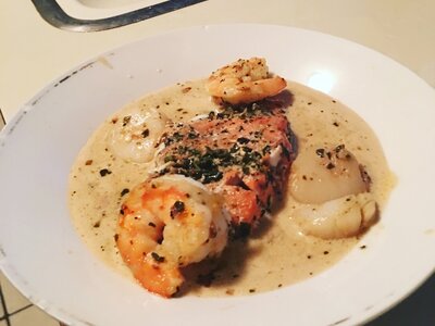 Pesto Salmon and Sea Scallops with Shallot Sauce