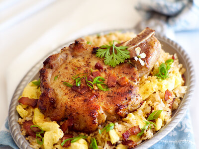 Pork Chops with Bacon 'n Egg Fried Rice