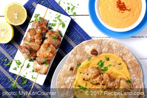 Quick Chicken Souvlakis with Roasted Pepper Hummus
