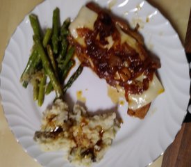 Caramelized Onion Pork Chops with Deep Fried Asparagus and Mashed Potatoes