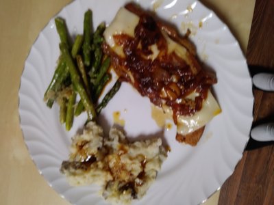 Caramelized Onion Pork Chops with Deep Fried Asparagus and Mashed Potatoes