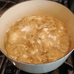A very simple recipe for a classic, which helps you to get warm in the winter (ok, I mean when it is getting 4° Celsius in the night in Southern California). The number of servings is accurate when you have it as a meal - as a starter it should serve way more people.
I did not list any spices, as I usually have self made chicken broth which is already pretty tasty and spicy, sweetness comes from the onions and the white wine balances it. For bread and cheese - don't think about any fancy, old dry bread is good and any cheese which melts. The onions are king when it comes to taste.
Ovenproof crock bowls are very nice for final preparation and serving the soup.