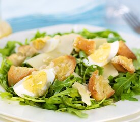 Arugula Salad with Garlic Croutons, Gruyere and Eggs